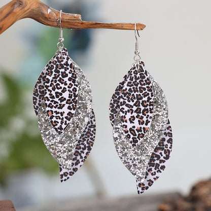 PU Leather Leopard Leaf Earrings Silver One Size