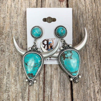 Artificial Turquoise Alloy Cow Head Earrings Turquoise One Size