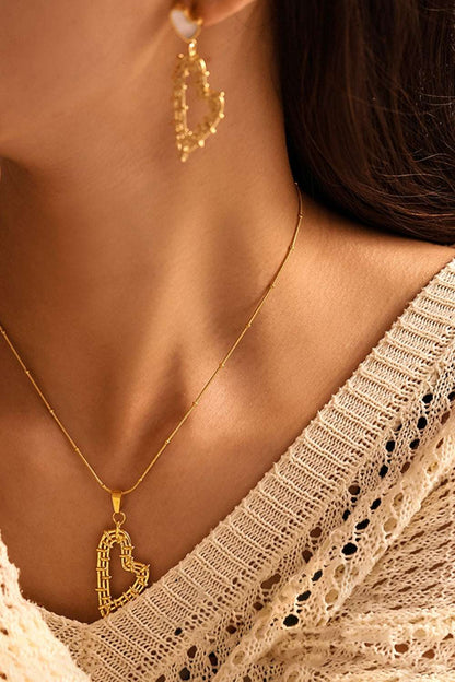 Stainless Steel Heart Earrings and Necklace Set Gold One Size