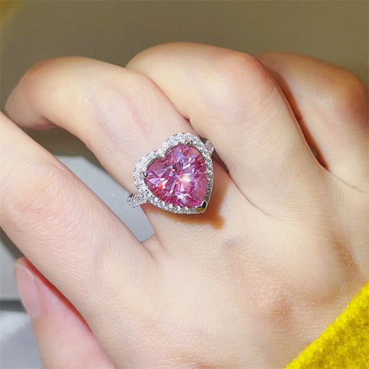 5 Carat Moissanite 925 Sterling Silver Heart Ring Fuchsia Pink