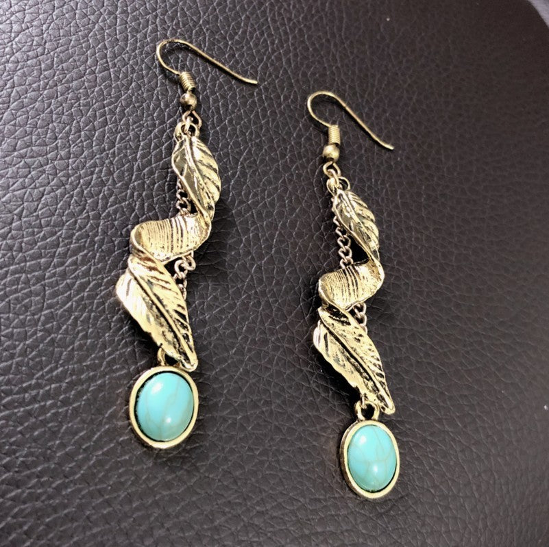 Alloy Leaf Artificial Turquoise Earrings Gold One Size