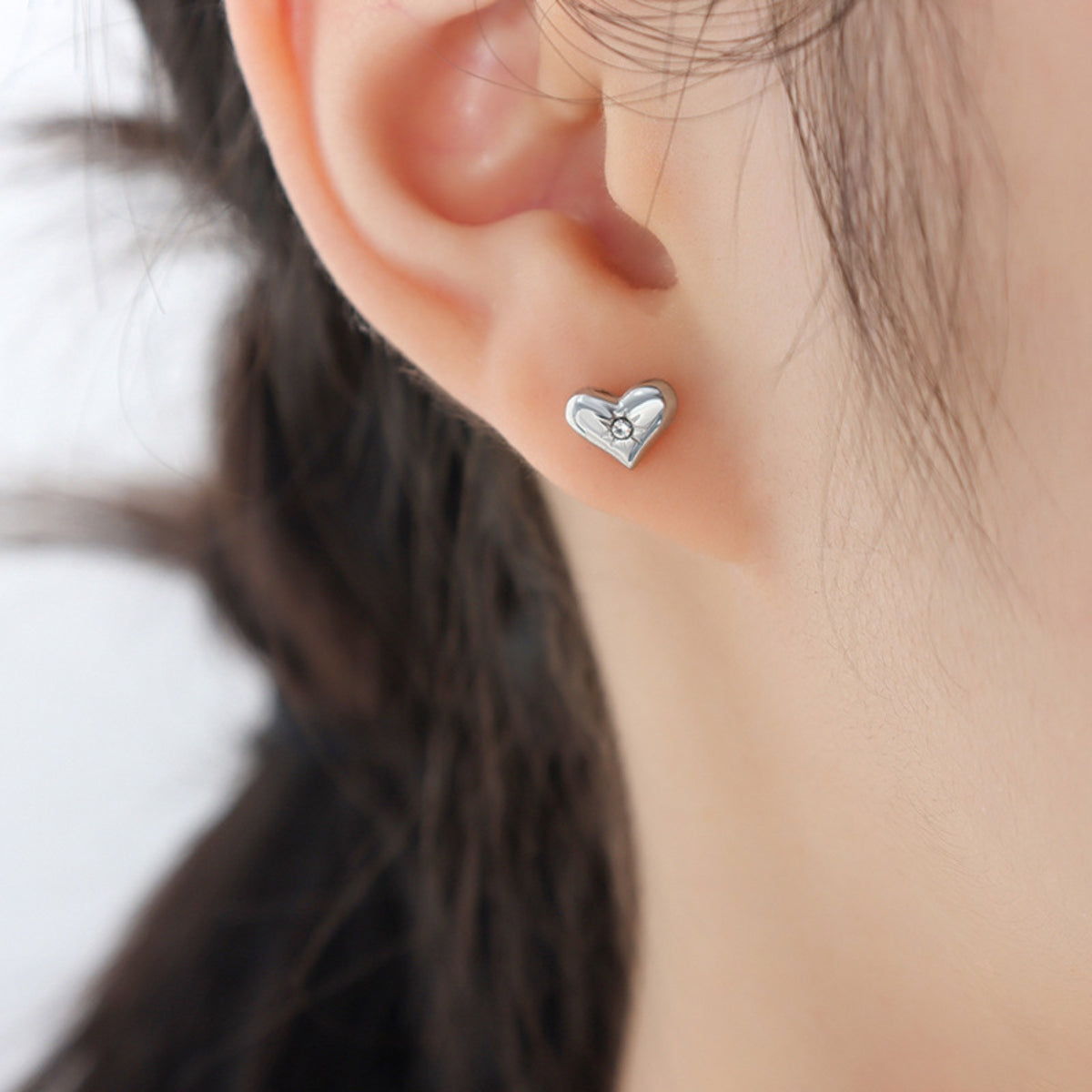 Titanium Steel Zircon Heart Stud Earrings Silver One Size