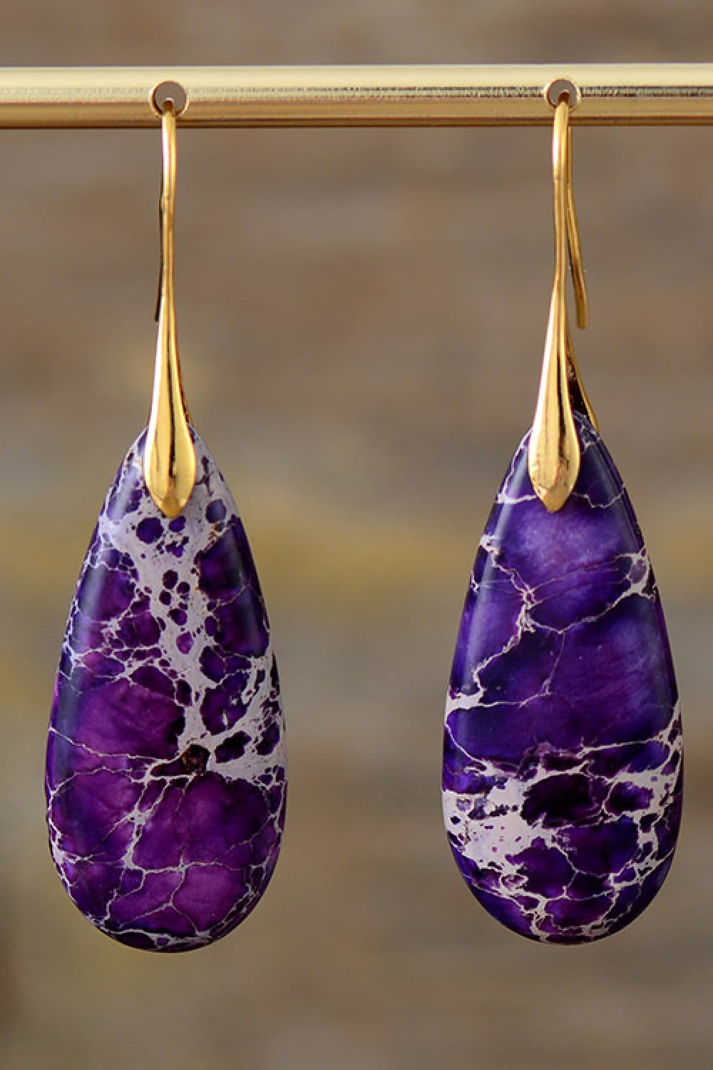 Handmade Teardrop Shape Natural Stone Dangle Earrings Purple Gold One Size