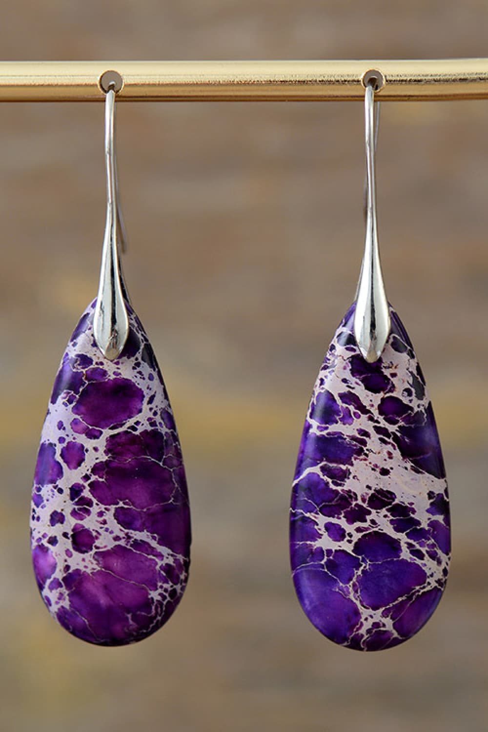 Handmade Teardrop Shape Natural Stone Dangle Earrings Purple Silver One Size