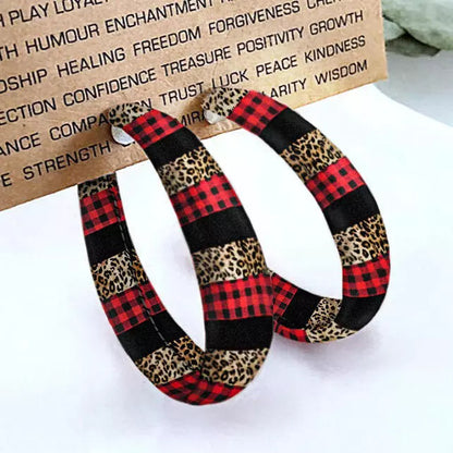 Plaid PU Leather Hoop Earrings Leopard One Size