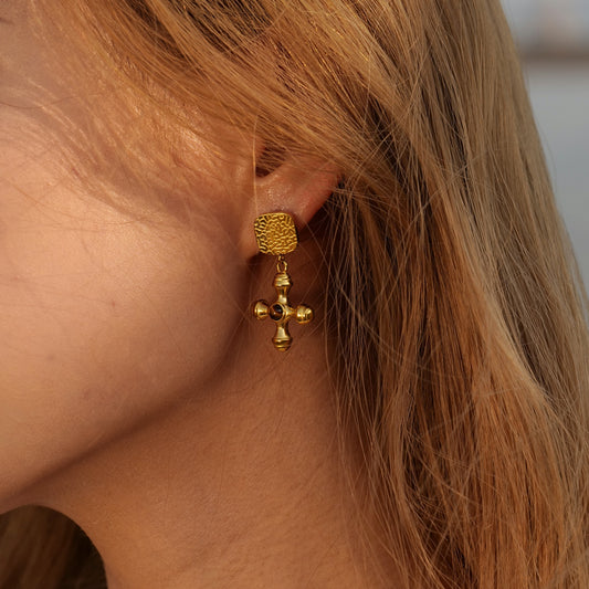 Gold-Plated Stainless Steel Cross Shape Earrings Style A One Size