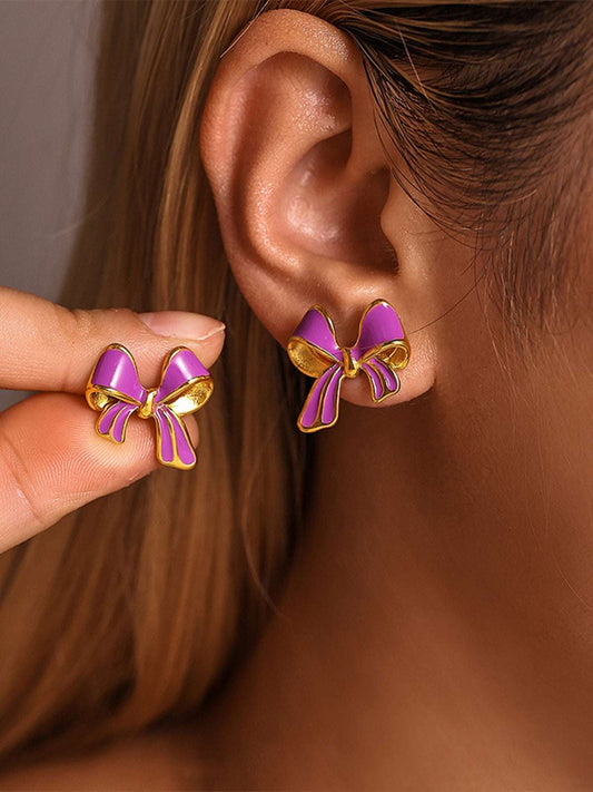 Stainless Steel Oil Drip Bow Stud Earrings Vivid Violet One Size