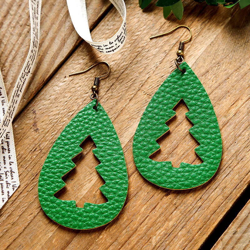 PU Leather Cutout Christmas Tree Earrings Green One Size