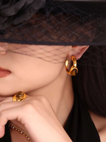 Stainless Steel Tigerite Ring and C-Hoop Earrings Set Gold 7