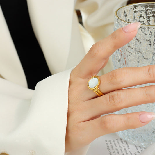 Titanium Steel White Sea Shell Ring Gold