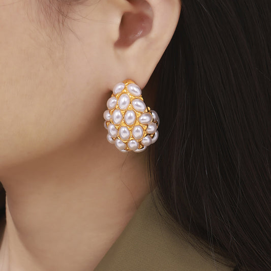 Titanium Steel Inlaid Imitation Pearl Earrings Gold One Size