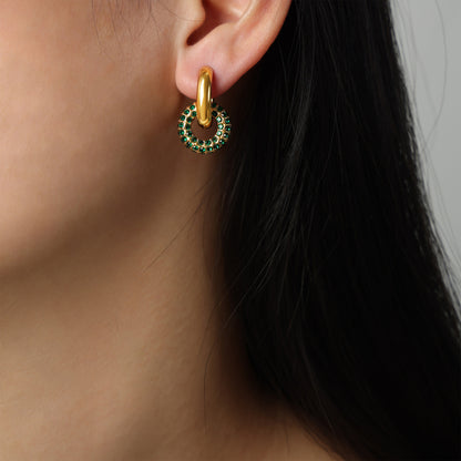 Titanium Steel Inlaid Zircon Double-Hoop Earrings Dark Green One Size