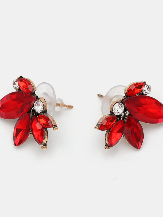 Alloy Rhinestone Flower Stud Earrings Deep Red One Size