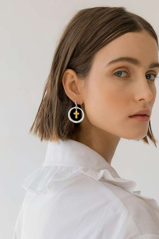 Brass Contrast Cross Dangle Earrings Silver One Size