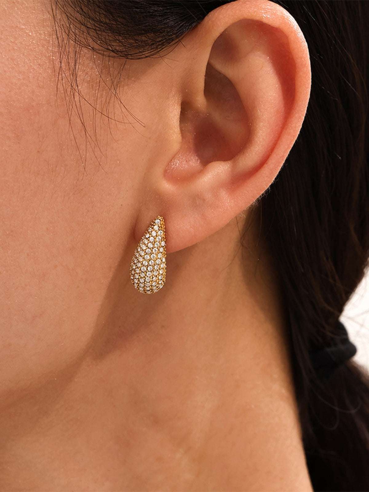 Stainless Steel Inlaid Zircon Teardrop Earrings Gold One Size