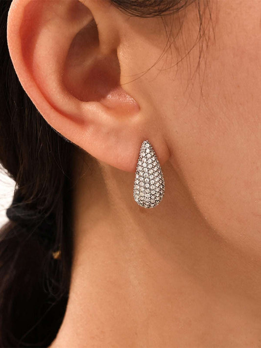 Stainless Steel Inlaid Zircon Teardrop Earrings Silver One Size