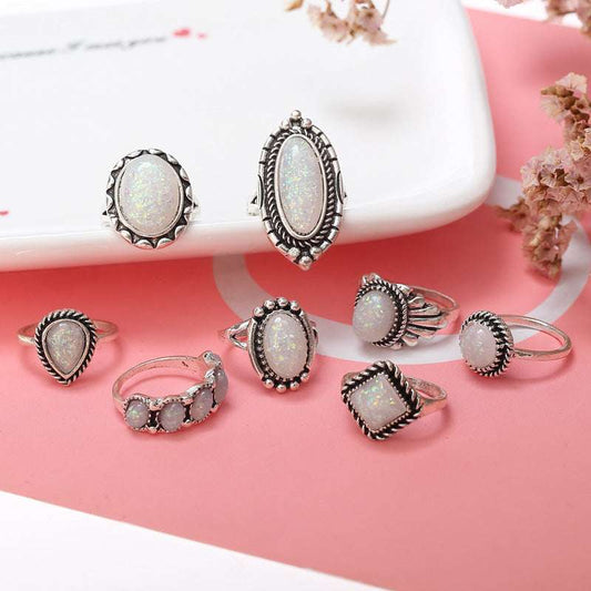 Opal Alloy Geometric Ring 8-Piece Set Silver One Size
