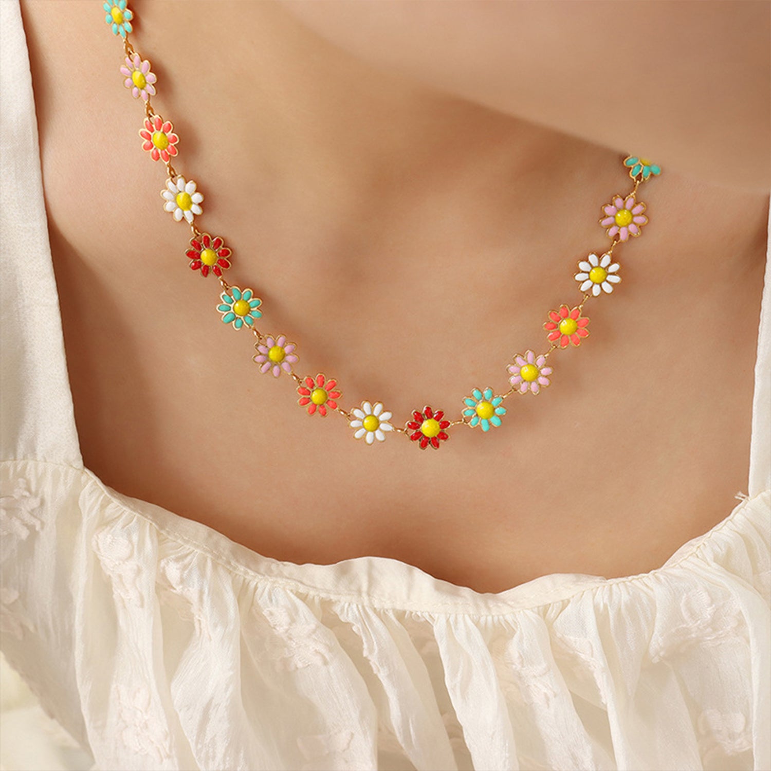 Titanium Steel Oil Drip Flower Necklace Gold One Size
