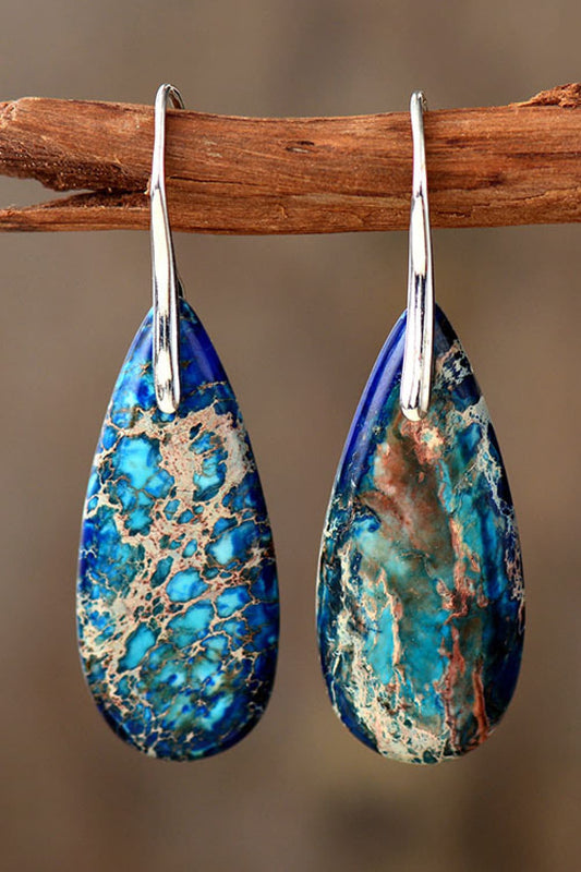 Handmade Teardrop Shape Natural Stone Dangle Earrings Blue Silver One Size